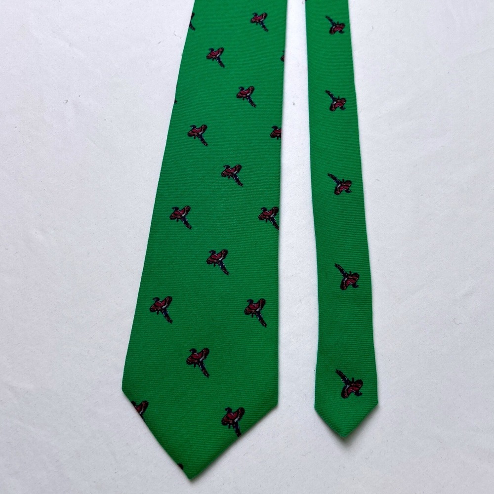 Kenneth Gordon Vintage Mens Pheasant Bird English Challis Wool Tie Green Hunting